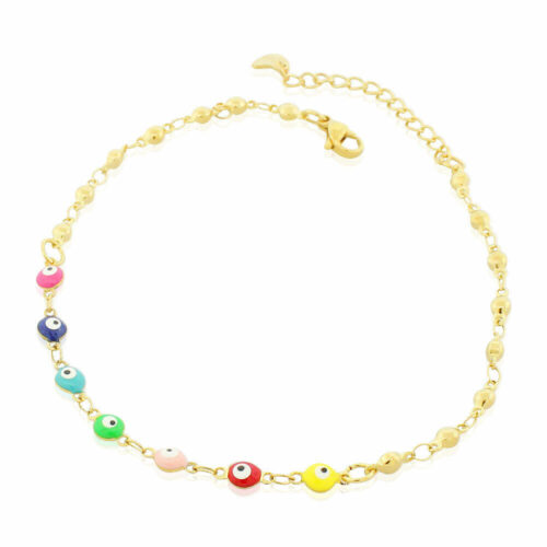 Stainless Steel Yellow Gold-Tone Multicolor Evil Eye Anklet, 11