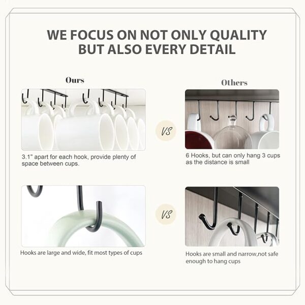 Mkono Under Cabinet Mug Hanger Set of 3 Metal Mug Hooks Coffee Cup Holder with 12 Hooks Simple Coffee Mug Organizer for Cabinet Shelf Modern Mug Storage Display Rack for Kitchen Coffee Bar, Black 2