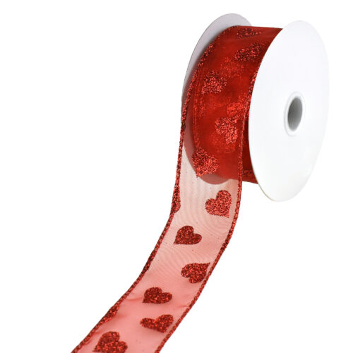 Sheer Organza Glitter Hearts Valentine's Day Wired Ribbon