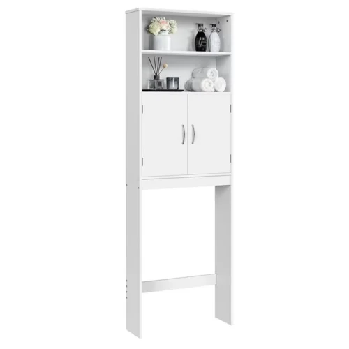 Topeakmart Free-Standing Over-the-Toilet Storage with Double Doors and 2 Open Shelves for Bathroom, White