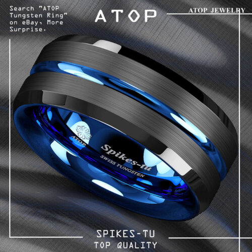 8mm Tungsten Men's Ring Thin Blue Line-Inside Black Brushed Band ATOP Jewelry size 920.