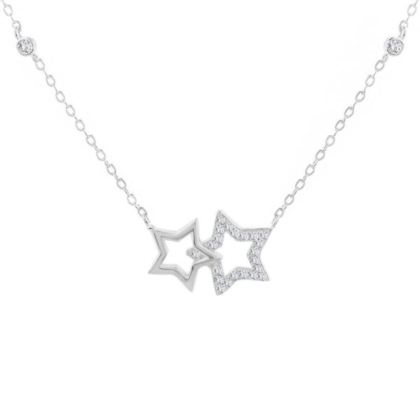 925 Sterling Silver Clear CZ Bezel-set Two Double Star Pendant Necklace, 18"