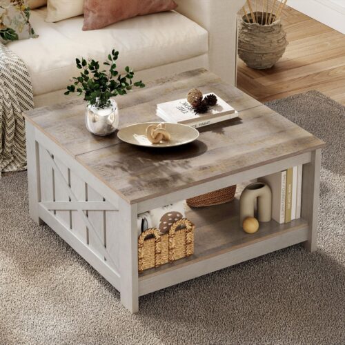 s-l1600 Square Coffee Table Rustic Cocktail Center Table with Bottom Shelf Living Room