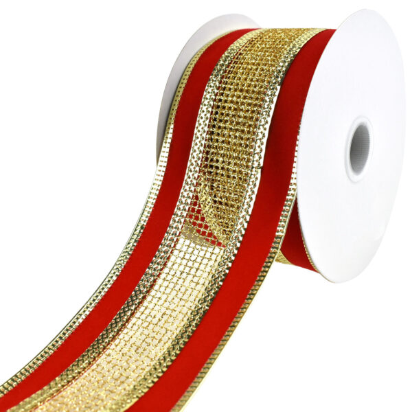 Christmas Velvet with Glittered Net Wired Ribbon, 2-1/2-Inch, 10-Yard - Red/Gold 1