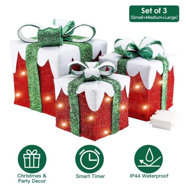 3PCS Christmas Lighted Gift Boxes Indoor Outdoor Home Yard Party Decoration 3