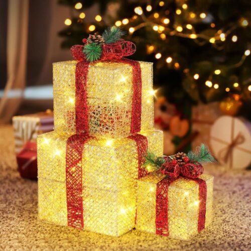 Set of 3 Christmas Lighted Gift Boxes Pre-lit 60 LED Light Up Present Box Decor