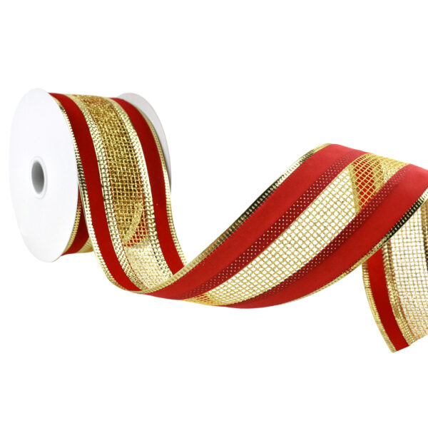 Christmas Velvet with Glittered Net Wired Ribbon, 2-1/2-Inch, 10-Yard - Red/Gold 3
