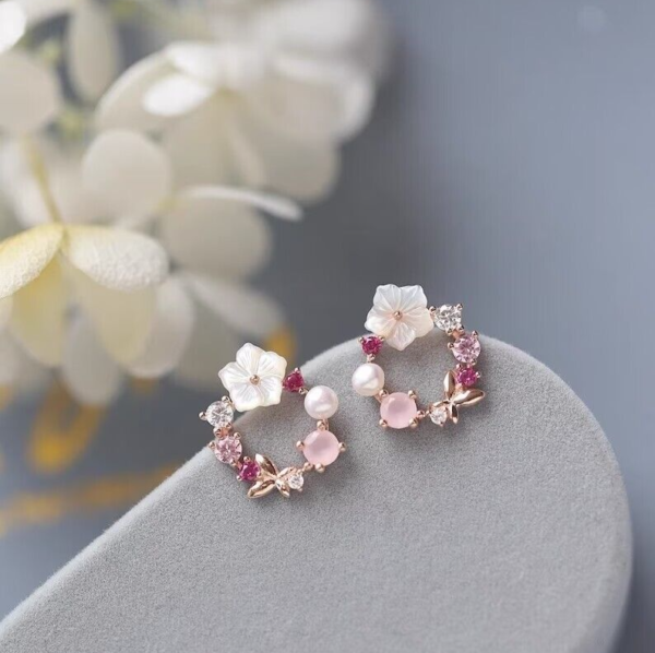 925 Sterling Silver Circle Flower Pearl Dainty Minimalist Women Stud Earrings 2