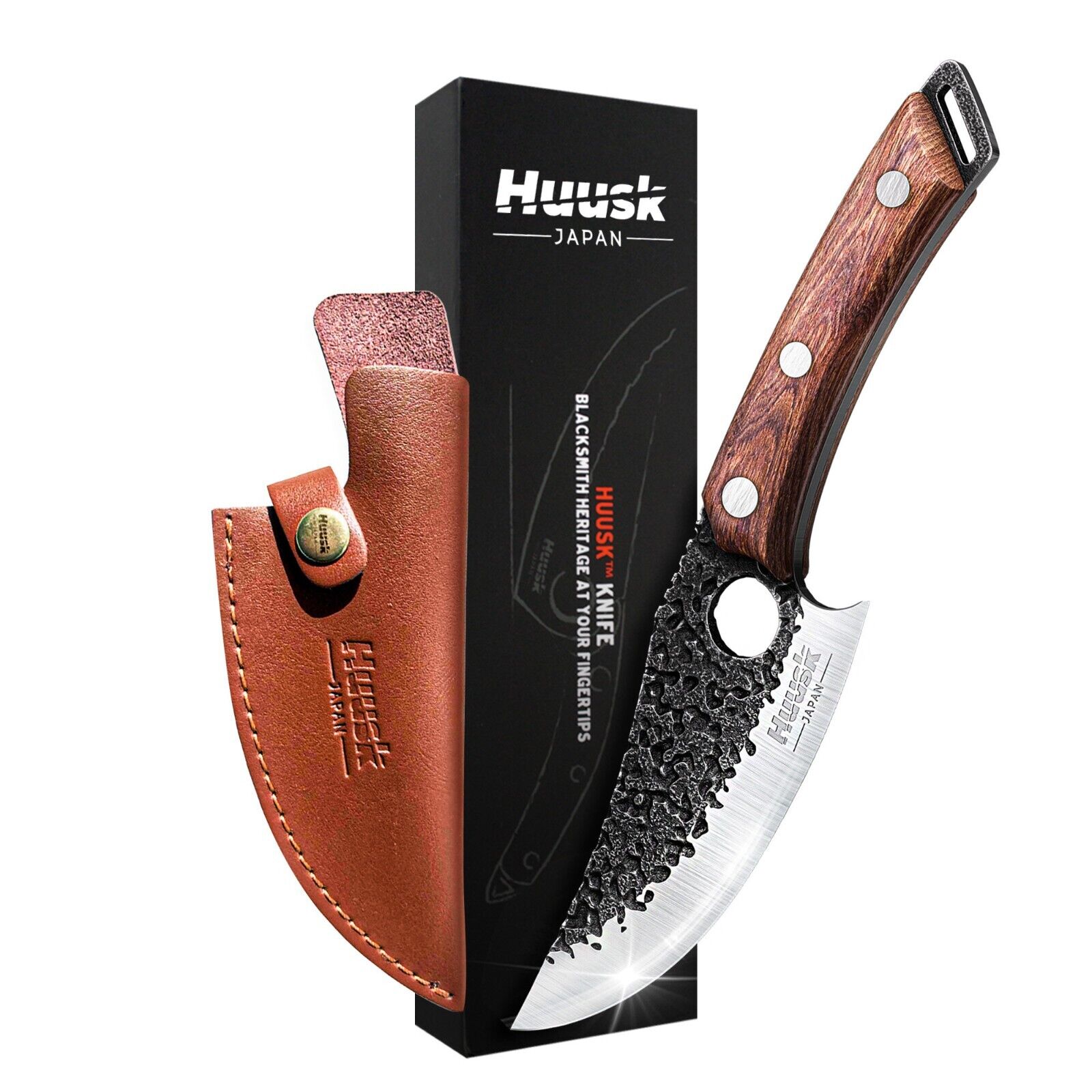 SET Huusk Japanese Kitchen Knife with Premium Leather Sheath. Knife with holder