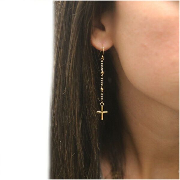 925 Sterling Gold Rosary Cross Drop Hook Earrings For Women 3