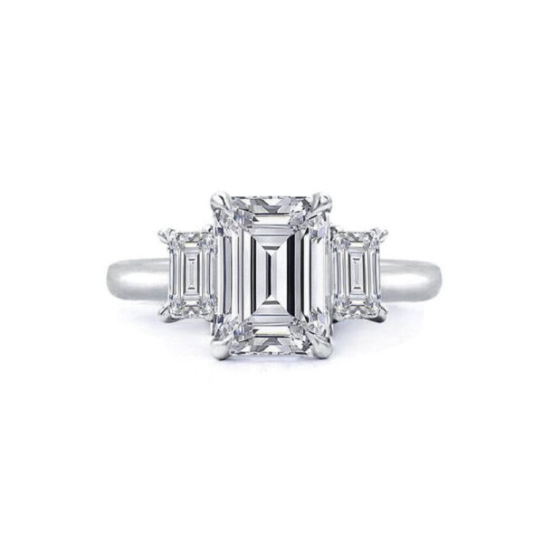 Sterling Silver Women's CZ Emerald Cut 3 Stone Engagement Wedding Band Ring