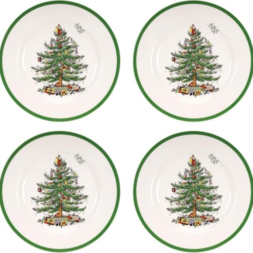 Spode Christmas Tree Earthenware 10.5" Dinner Plate, Set of 4 - Green Banding