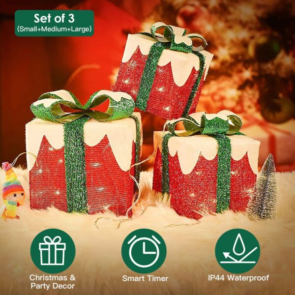 Christmas Decor Lighted Gift Boxes Set of 3 Xmas Light Up Present Box In/Outdoor 3