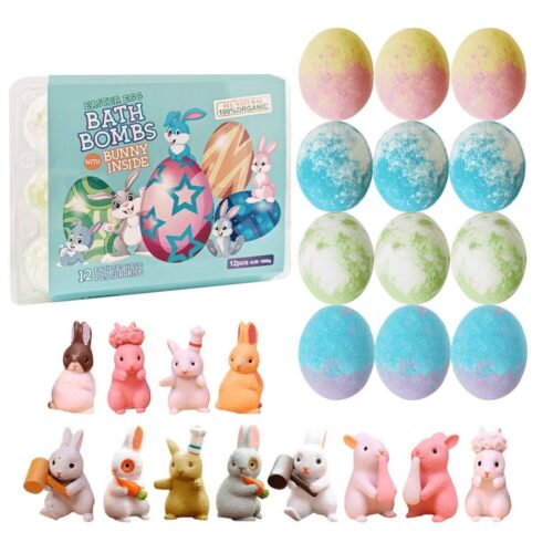 12 Pack Kids Natural Organic Easter Egg Bath Bomb Set with Bunny Inside