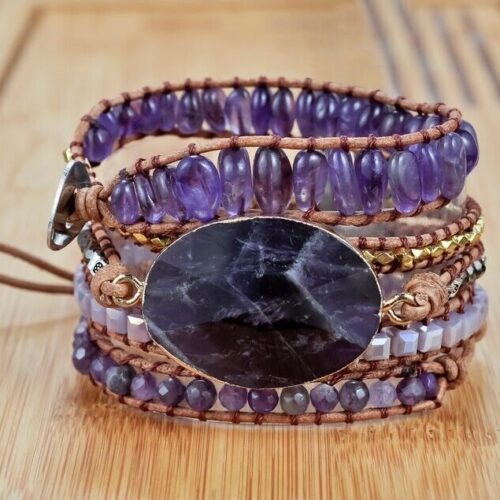 Amethyst Boho 5 Strands Handmade Braided Healing Women Wrap Cuff Bracelet Gifts