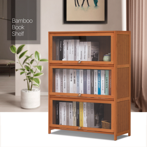32" Bamboo 3-Layer Flip-Up [ACRYLIC DOOR] Bookshelf Storage Cabinet Display Case