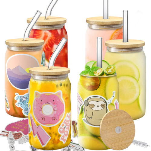 Can Shape Glasses Set Of 6 With Bamboo Lids & Glass Straw 16oz Drinking Cups