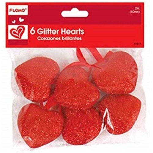 Valentines Glitter Foam Hearts with Red Ribbons Ornaments Set of 6 2 Inch