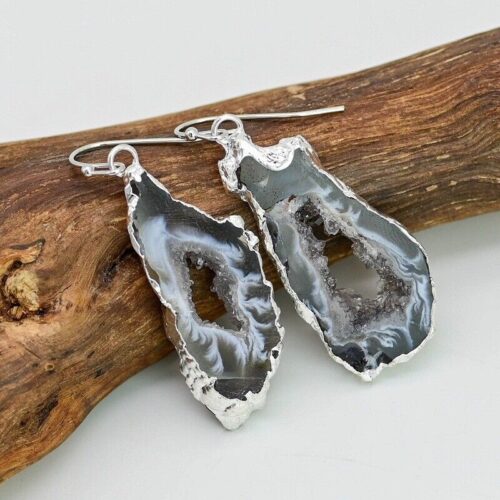 Natural Stone Druzy Agate Women Slab Dangle Black Healing Reiki Earrings Jewelry