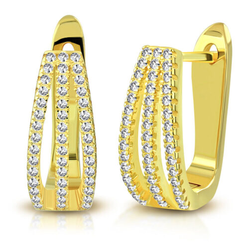 925 Sterling Silver Yellow Gold-Tone Round CZ Hoop Huggie Earrings, 0.6"