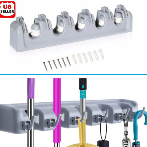 Broom Holder and Garden Tool Garage Organizer 5 Slots 6 Hooks for Rake Mop Wall