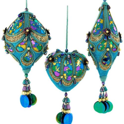 Kurt Adler 3Pc Peacock Heart, Onion & Finial Christmas Ornaments Multicolor