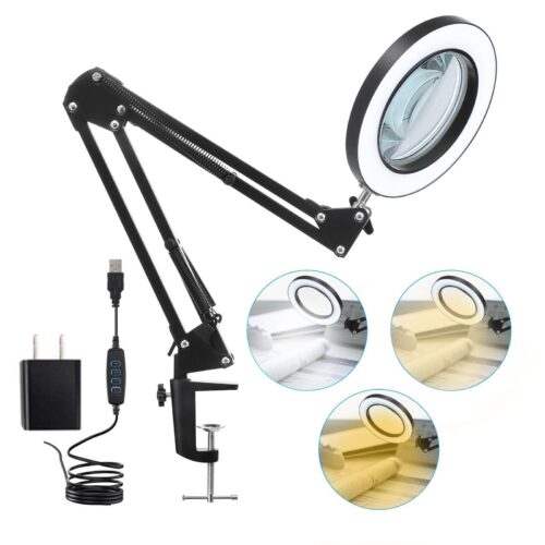 LED Magnifying Lamp with Clamp, 10X Real Glass Lens, 3 Color Modes and Steple