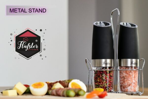 Updated Gravity Electric Salt And Pepper Grinder SET With Metal Stand LED Light 2