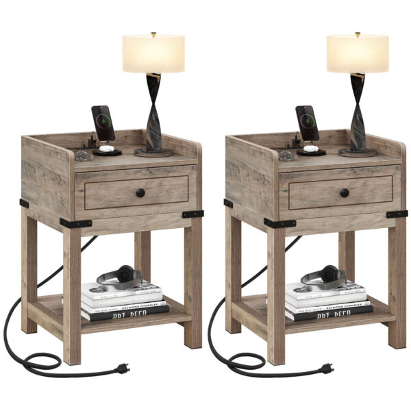 Nightstand with Charging Station &Drawer Sofa End Side Table Bedroom Living Room 1