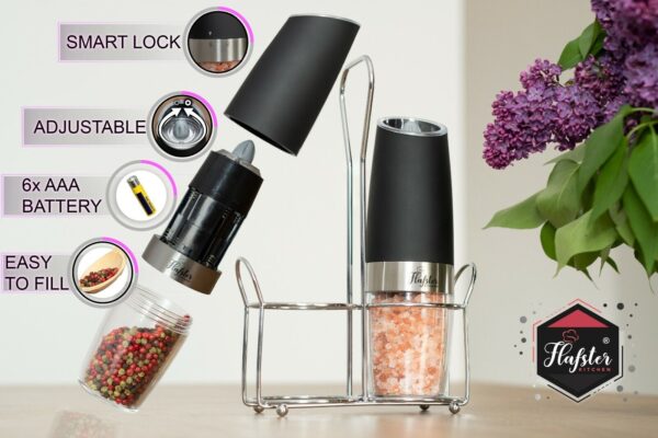 Updated Gravity Electric Salt And Pepper Grinder SET With Metal Stand LED Light 3