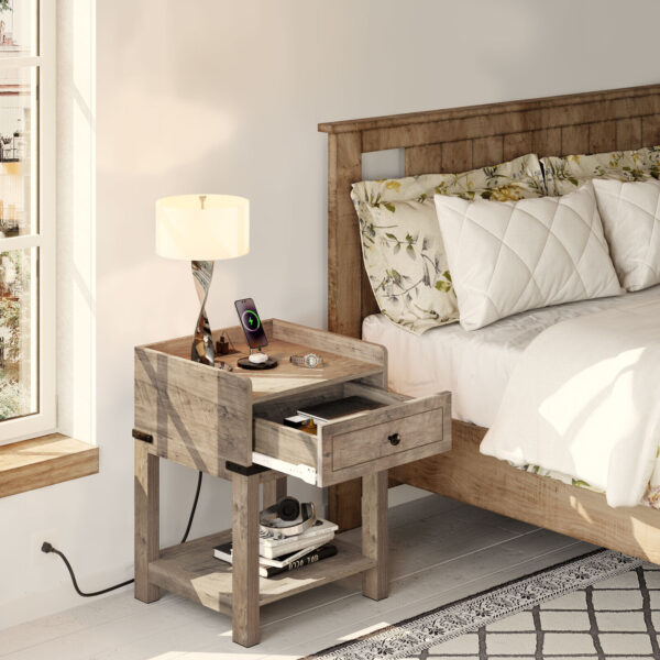 Nightstand with Charging Station &Drawer Sofa End Side Table Bedroom Living Room 3