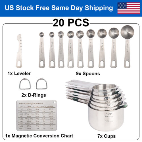 20Pcs Stainless Steel Measuring Cups and Spoons Set Kitchen Baking Cooking Tool