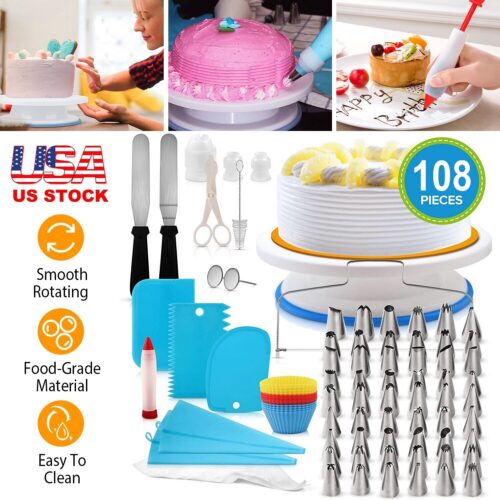 108Pcs Cake Decorating Supplies 11in Rotating Cake Turntable Cake Stand Kit Tool