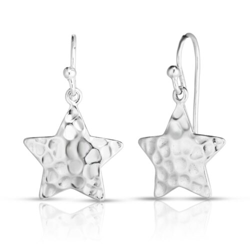 Solid Sterling Silver Star Hammered Drop Dangle Hook Earrings
