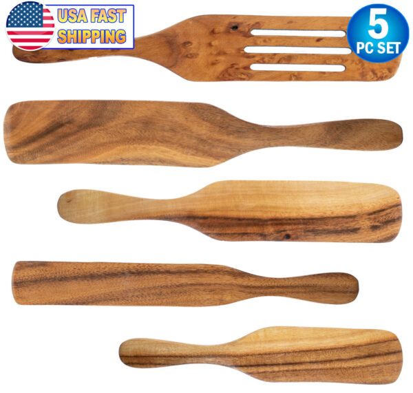 Spurtle Kitchen Cooking Utensil 5pc Set Teak Wood Non Stick Wooden Spatula Spoon 1