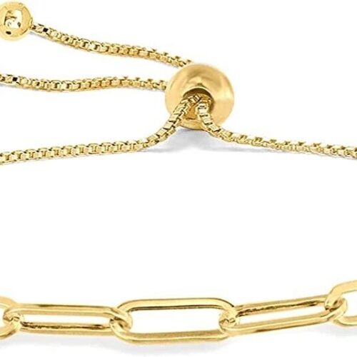 14k Gold Plated 925 Sterling Silver Adjustable Paperclip Chain Bolo Bracelet