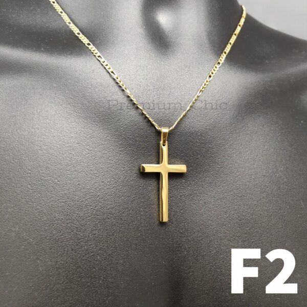 Mens Womens Stainless Steel Figaro Chain Necklace w Cross Pendant Gold Plated 1