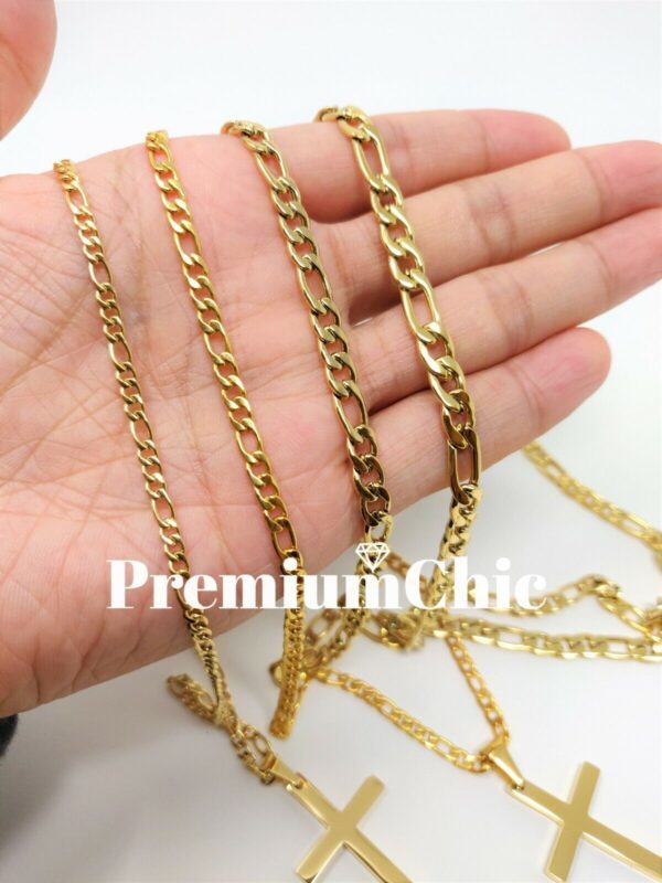 Mens Womens Stainless Steel Figaro Chain Necklace w Cross Pendant Gold Plated 2