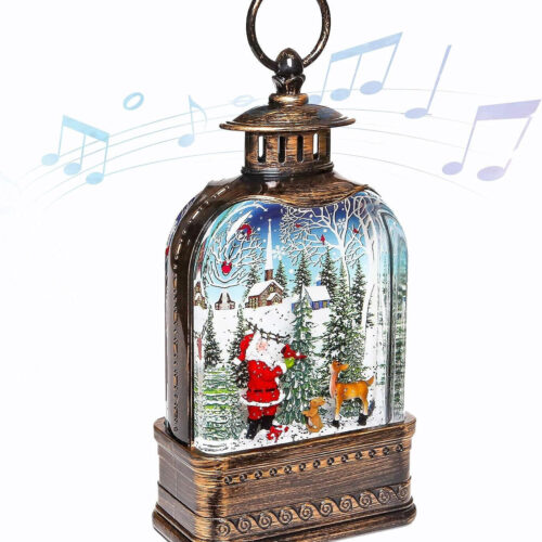 9” Christmas Lighted Snow Globe Lantern, 6H Timer Musical Christmas Snow Globes