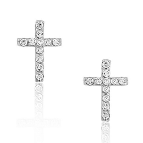 Sterling Silver White Crystals CZ Womens Religious Latin Cross Stud Earrings
