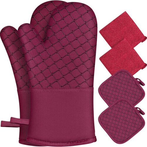 Silicone Oven Mitts and Pot Holders Heavy Duty Cooking Kitchen Rag Burgundy 6 Pc