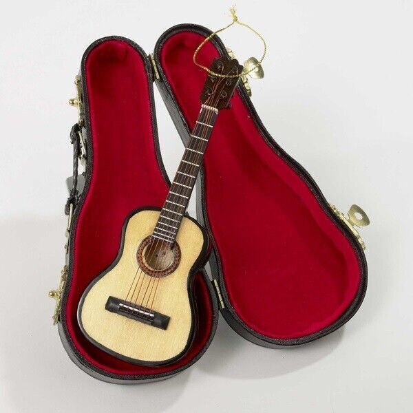 Acoustic Guitar with Leather Case Wood Pearlized Christmas Ornament J4544 New 2
