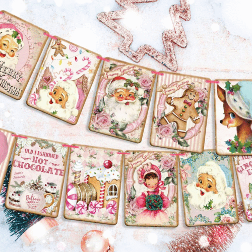 s-l1600 (4) Pink Christmas Decorations Vintage Style Santa Claus Banner Merry Christmas Hang