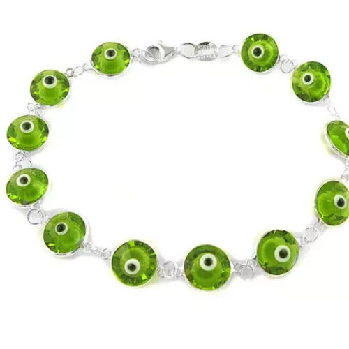 Solid 925 Sterling Silver 10MM Green Crystal Evil Eye Charm Bracelet - 7.5"