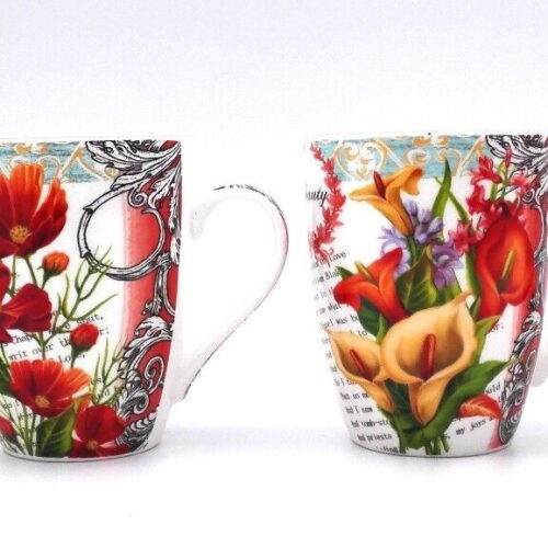 China Bone Coffee Mugs 4 Pcs Set, Floral Design