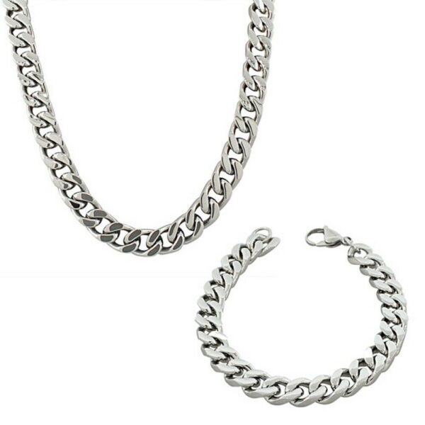 Stainless Steel Silver-Tone Mens Classic Cuban Link Chain Necklace Bracelet Set