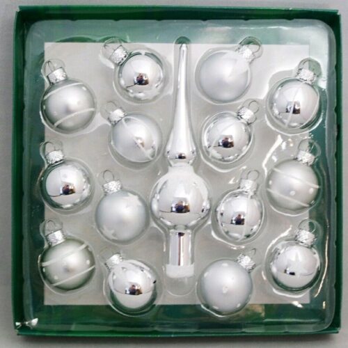 Silver Tree Topper Mini Ornament Set 15 Ball Finial Glass 1.25" Kurt Adler
