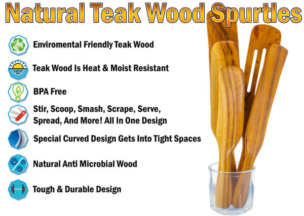Spurtle Kitchen Cooking Utensil 5pc Set Teak Wood Non Stick Wooden Spatula Spoon 3
