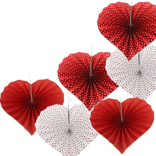 12pk VALENTINES DAY Red White Polka Dotted Heart Shaped Paper Fans Decorations
