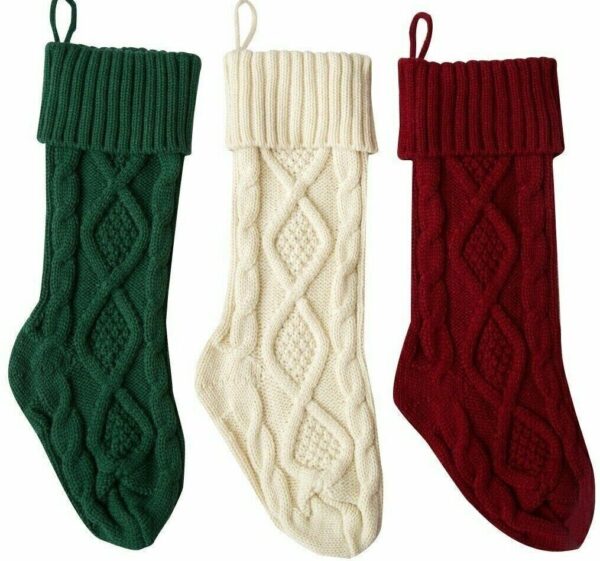 Set of 3 15" Unique Burgundy Ivory White Knit Green Christmas Stocking Xmas Gift 2